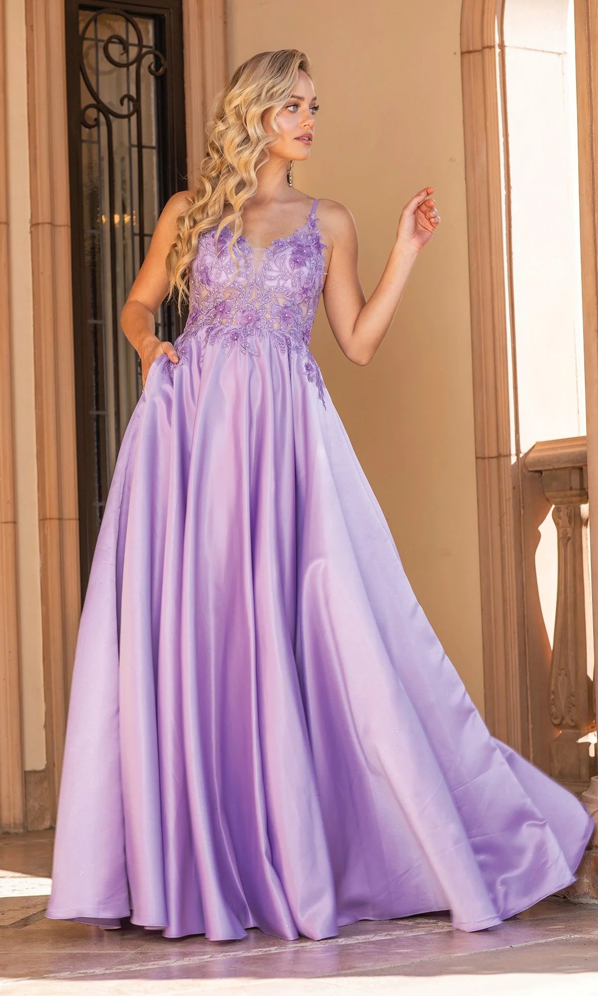 Romantic A-Line V-Neck Sleeveless Satin Floor Length Prom Dress