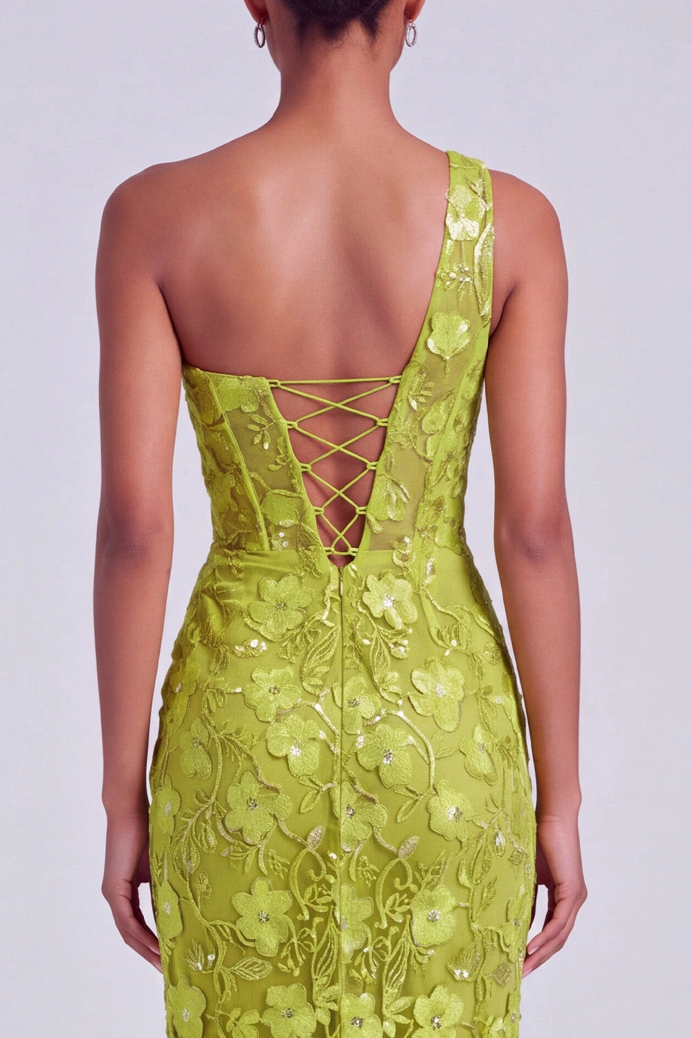 Stunning Mermaid One Shoulder Sleeveless Lace Up Back High Slit Floor Length Floral Sequin Prom Dress