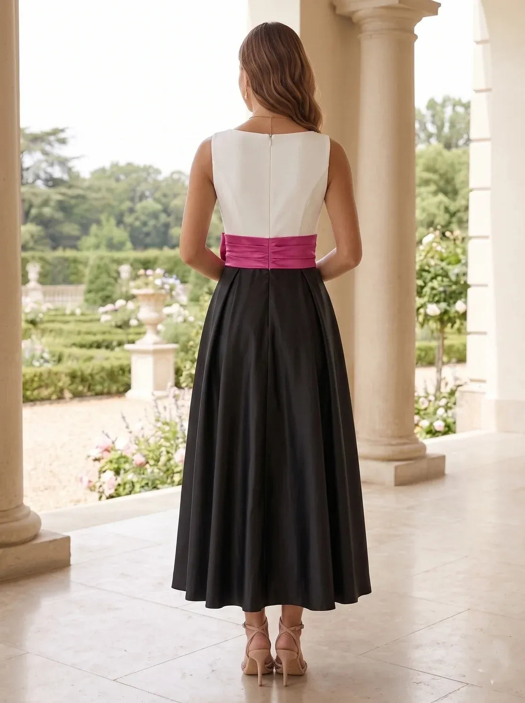 Elegant A-Line V-Neck Sleeveless Zipper Tea-Length Wedding Guest Dress