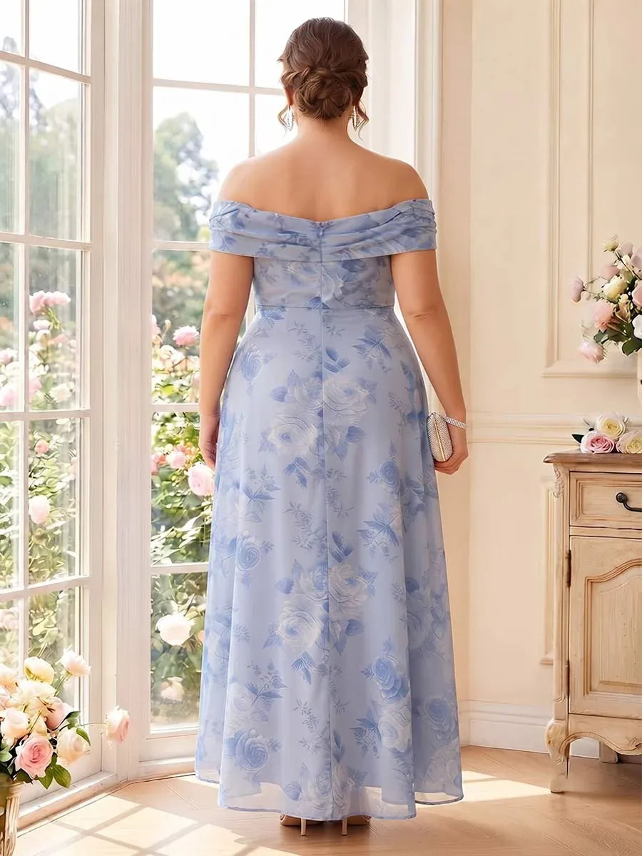 Floral A-Line Off-Shoulder Short Sleeve Zipper-Back High-Low Plus-Size Mother of the Bride Dress