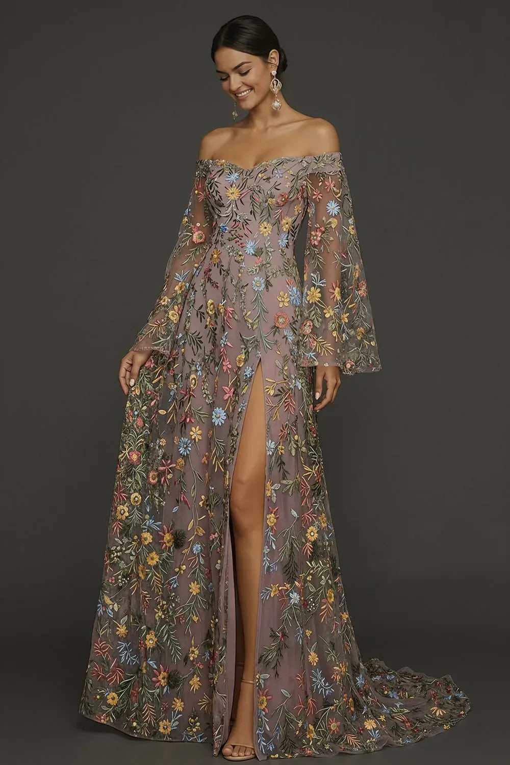 Romantic Floral Embroidered A-Line Sweetheart Off-Shoulder Bell-Sleeve V-Back Floor-Length Evening Dress