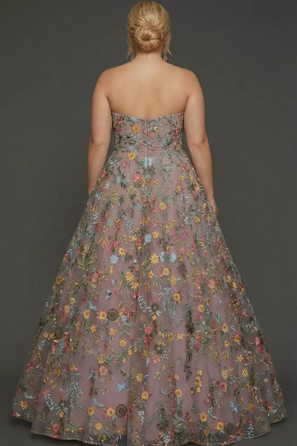 Plus Size Romantic Mauve Floral A-Line Sweetheart Strapless Straight Back Floor Length Prom Dress