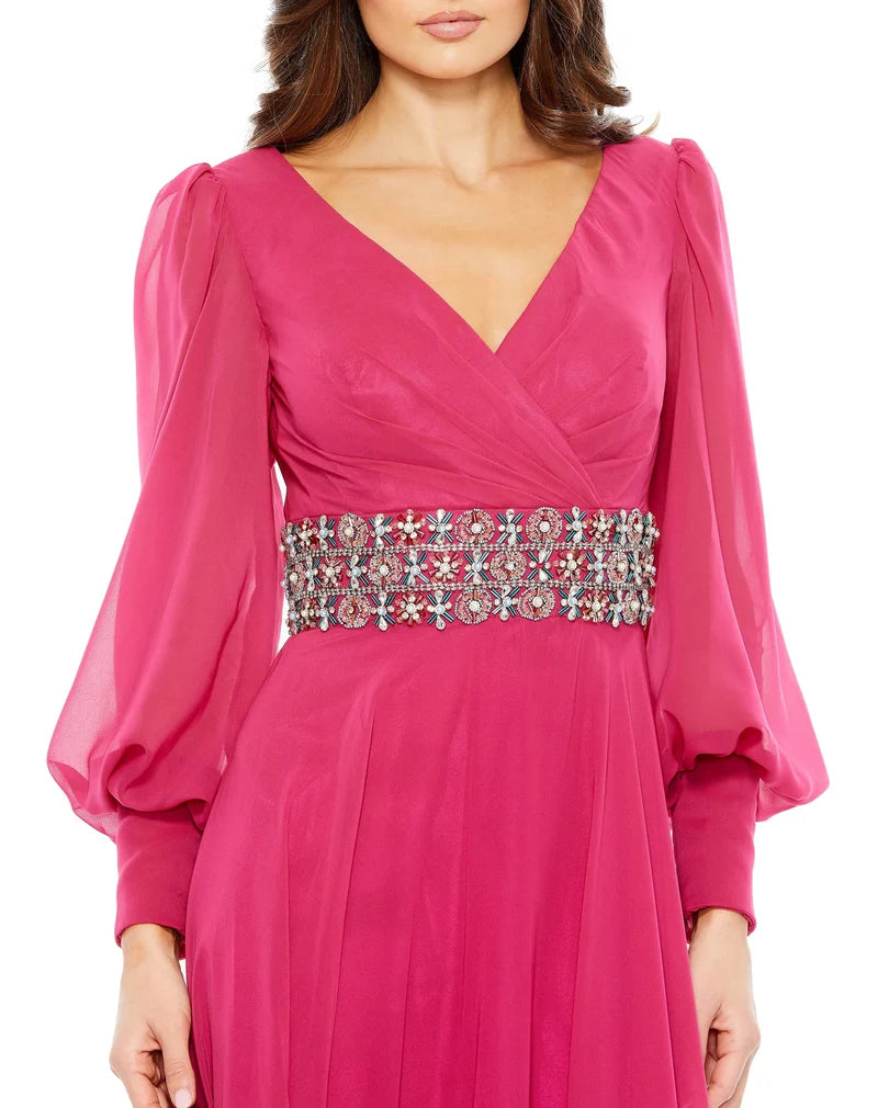 Elegant A-Line V-Neck Long-Sleeve Beaded-Waist Floor-Length Mother Dress