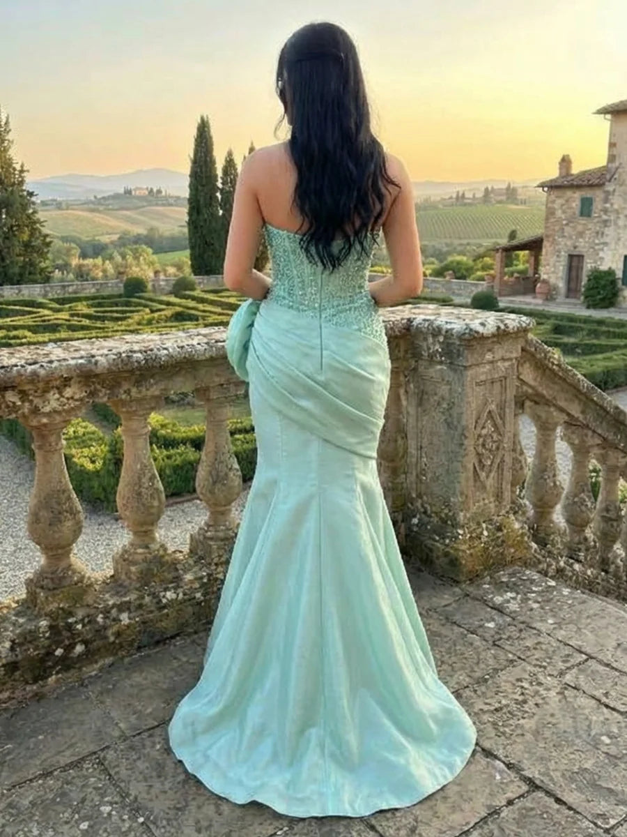 Glamorous Mermaid Sweetheart Strapless Satin Floor Length Prom Dress