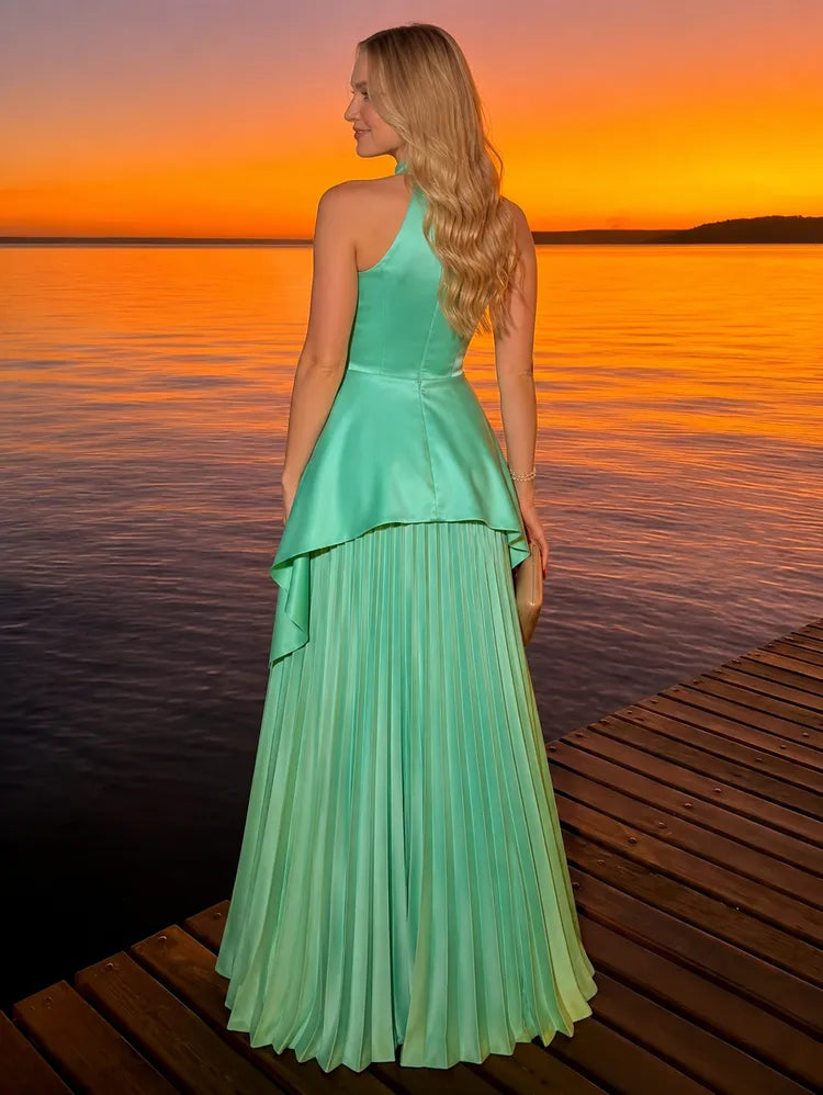 Elegant A Line Halter Sleeveless Satin Maxi Wedding Guest Dress