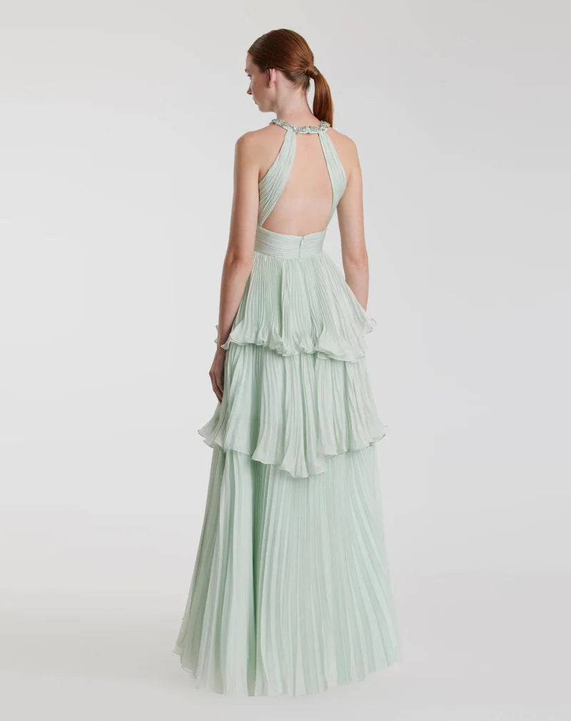Elegant A-Line Halter Sleeveless Open-Back Chiffon Floor-Length Evening Dress