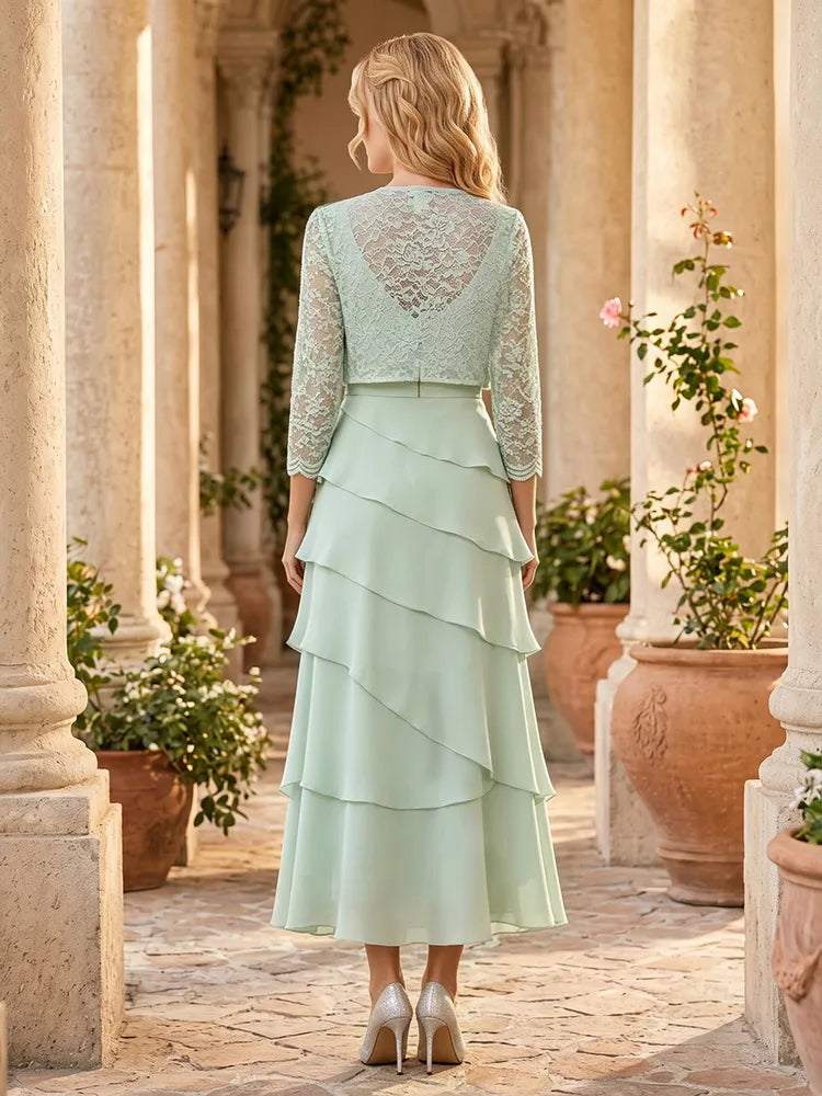 Elegant A-Line V-Neck Lace-Jacket Chiffon Tea-Length Mother of the Bride Dress