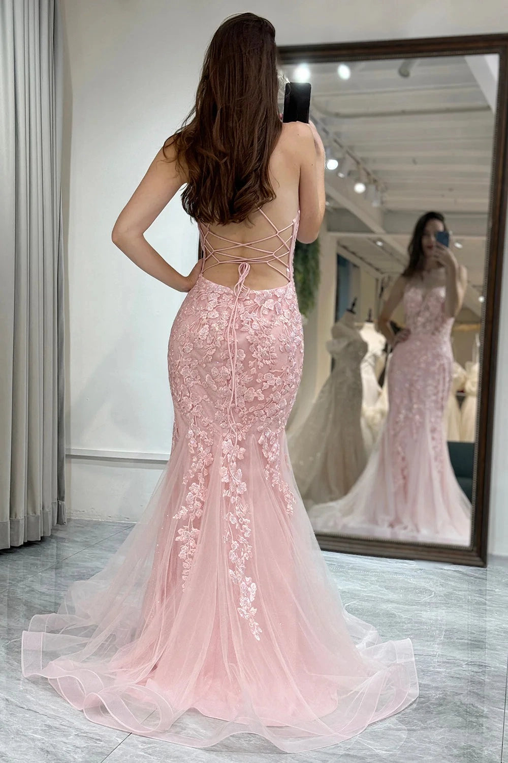 Loverlm Elegant Mint Lace Tulle Mermaid Sweetheart Spaghetti-Strap Lace-Up Floor-Length Prom Dress