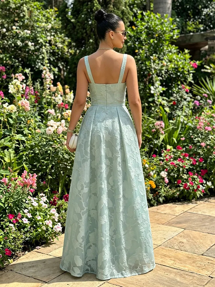 Elegant A-Line Square-Neck Sleeveless Floral Jacquard Floor-Length Wedding Guest Dress