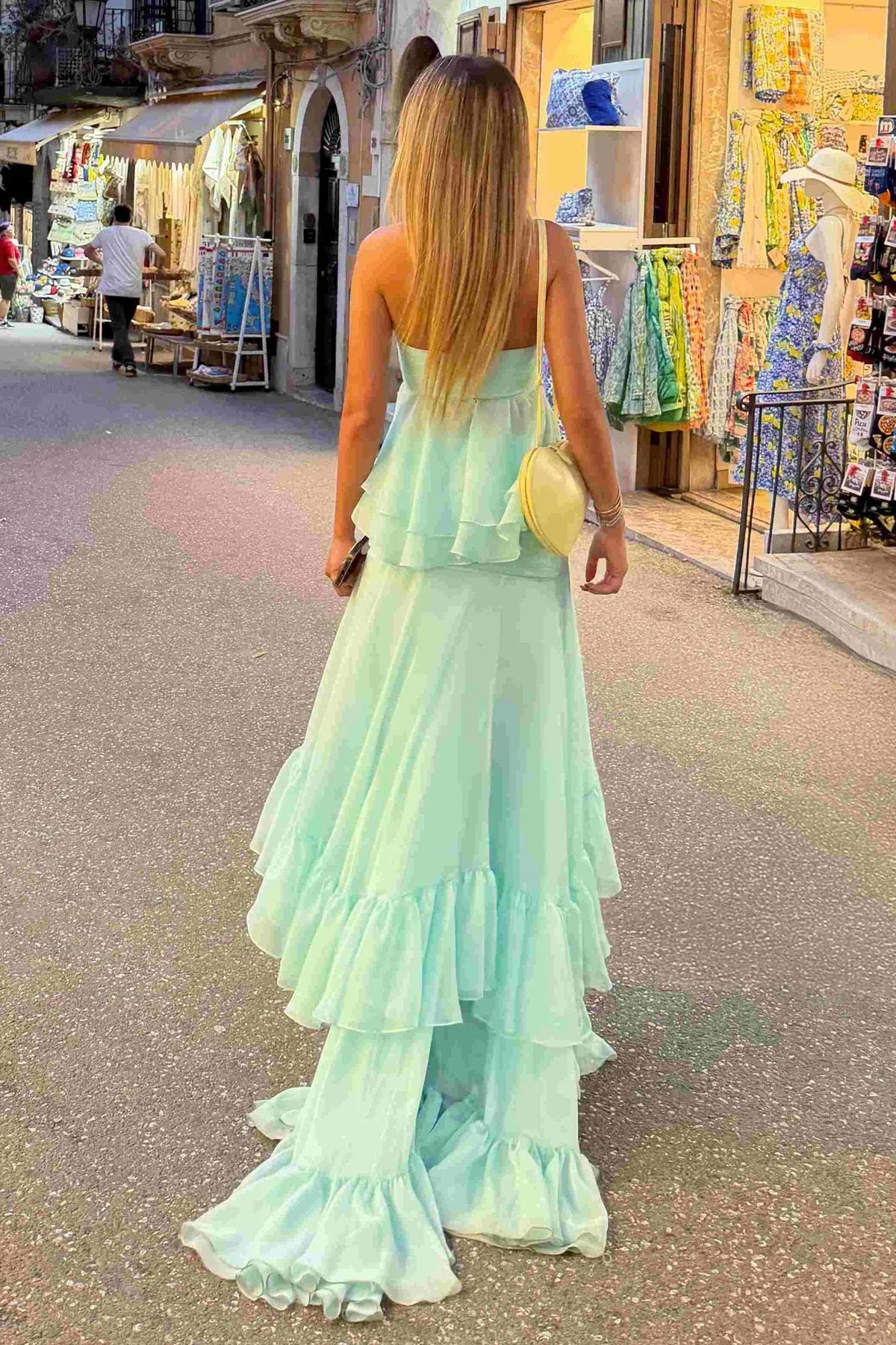 Romantic A-Line Sweetheart Strapless Ruffle Layered Floor-Length Prom Dress
