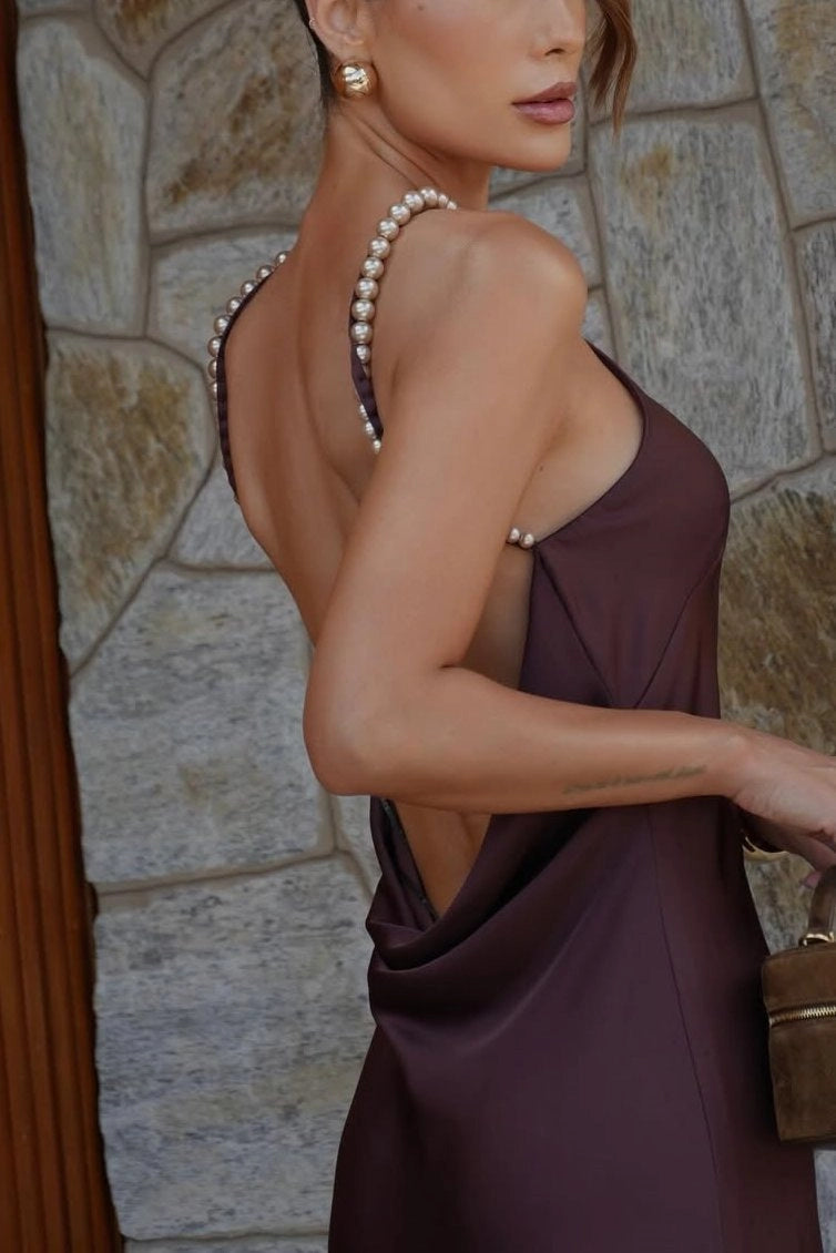 Elegant Mocha Satin Sheath Halter Neck Pearl Strap Open Back Evening Dress