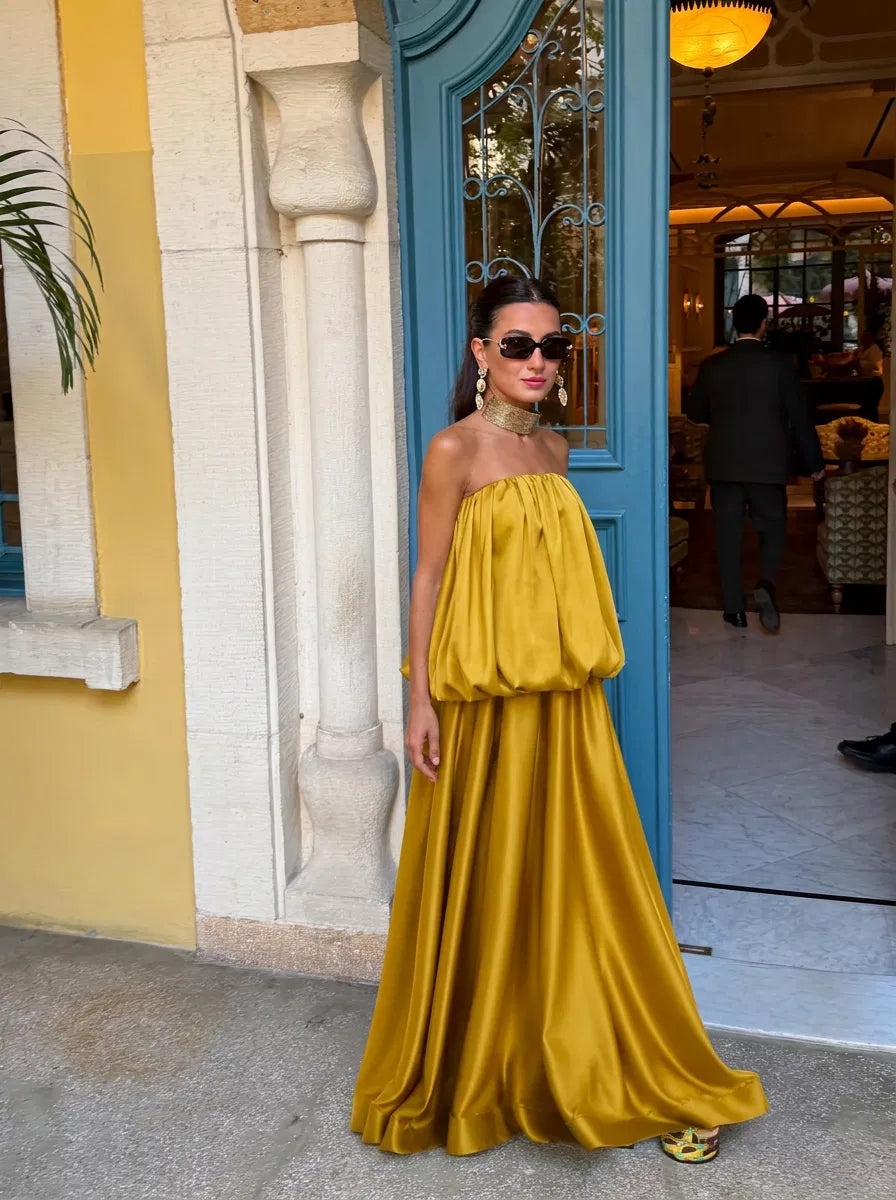 Elegant A-Line Strapless Sleeveless Satin Blouson Floor-Length Evening Dress