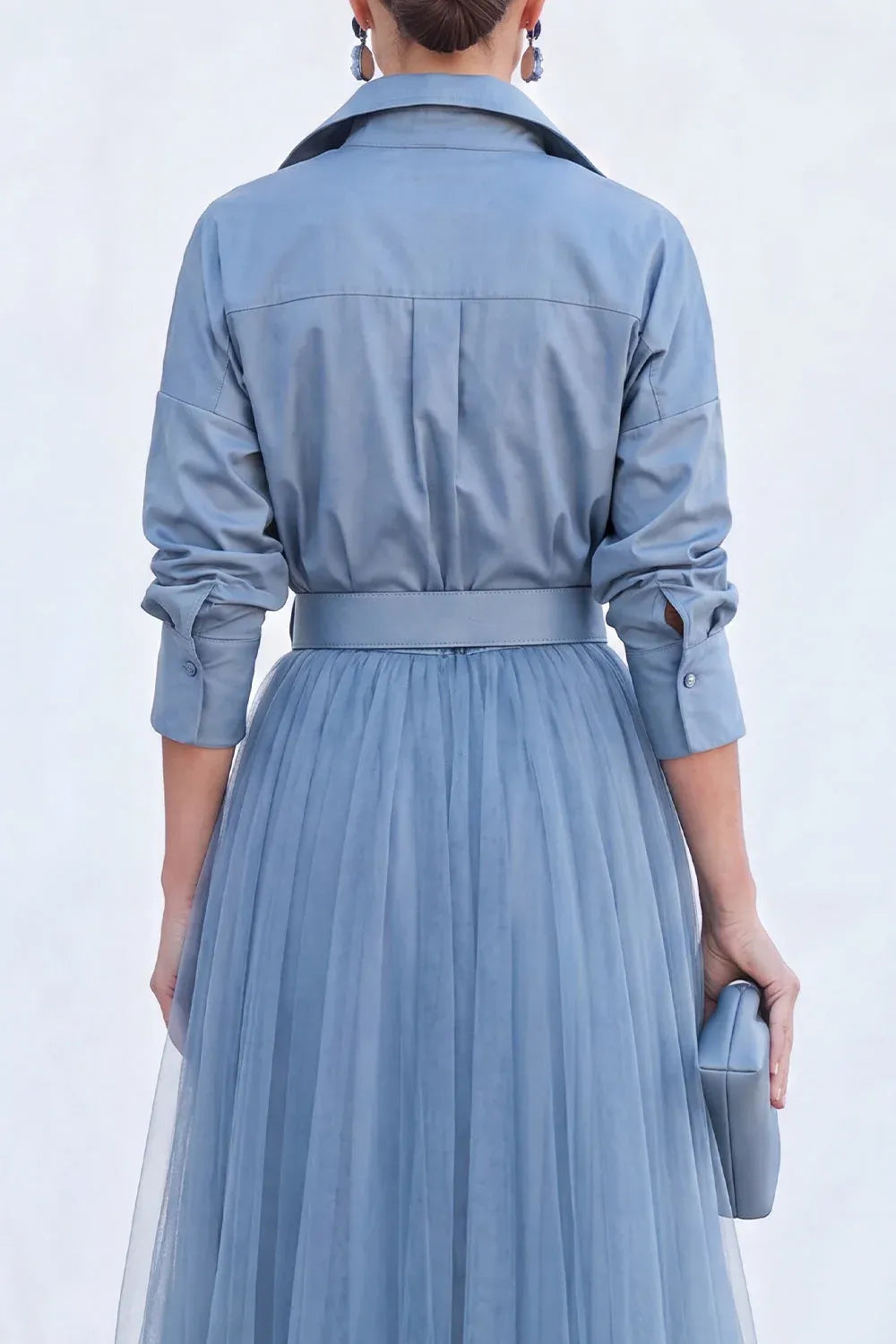 Chic Tulle A-Line Collared Long-Sleeve Pleated-Back Belted Floor-Length Evening Dress