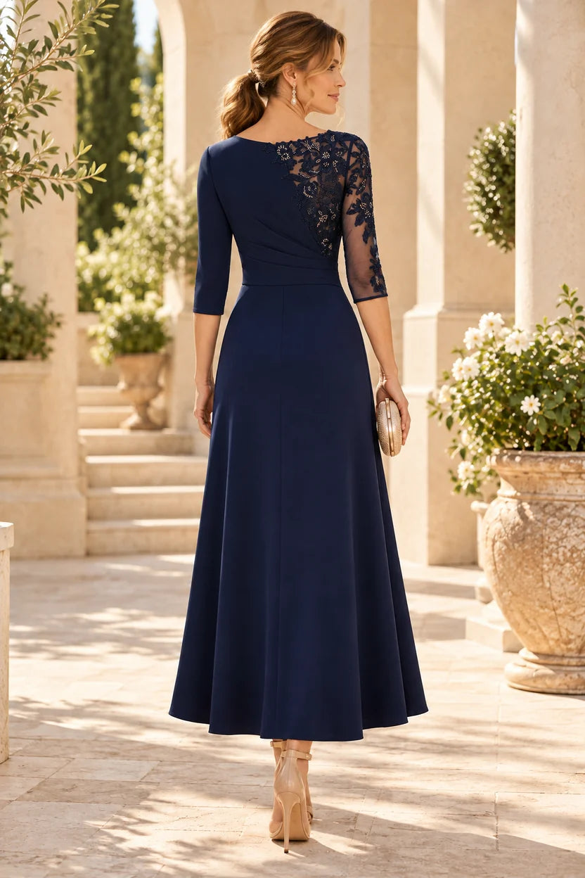 Elegant A-Line Round Neck Three-Quarter Sleeve Lace Midi Mother of the Bride Dress