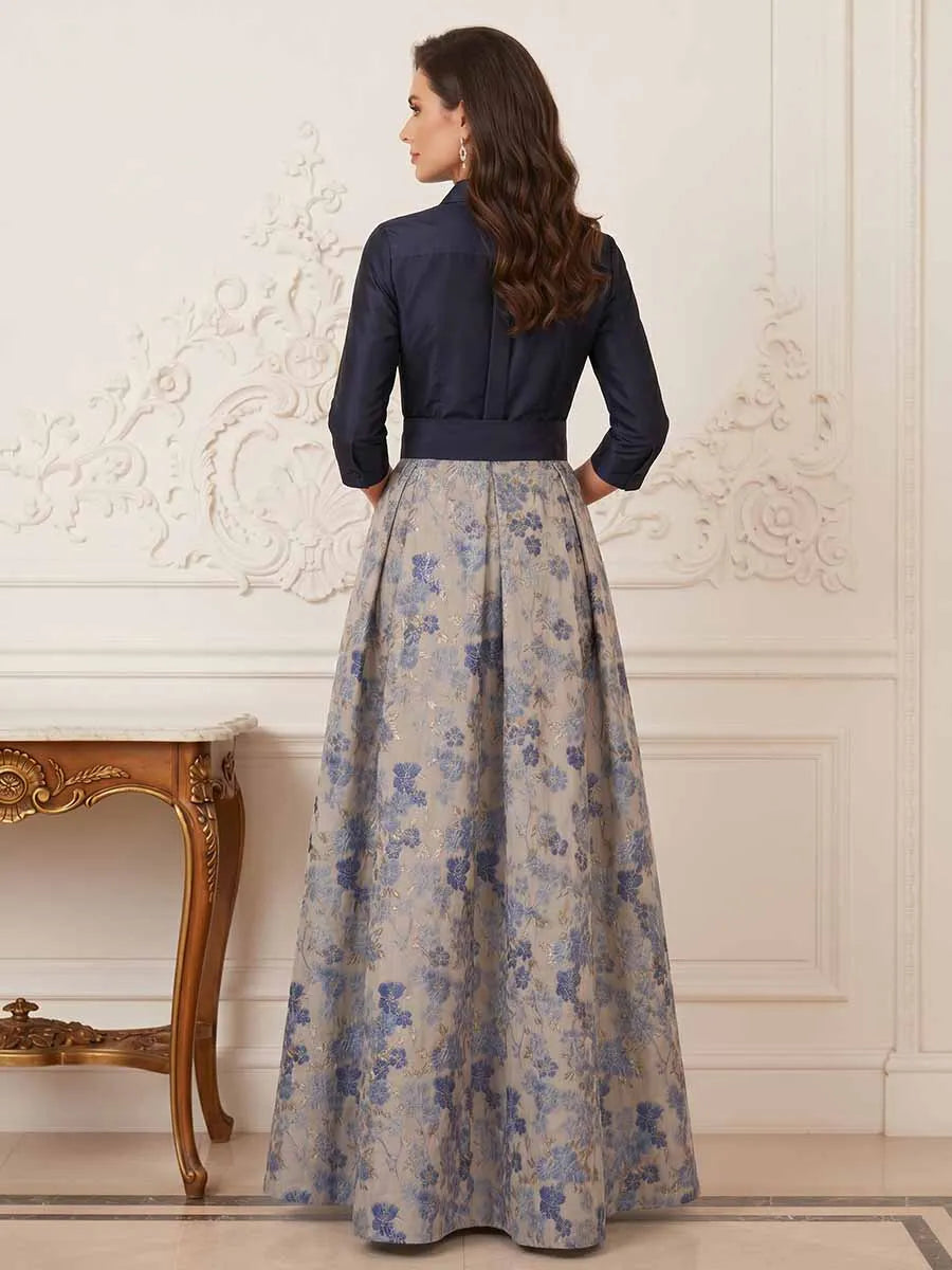 Elegant A-Line Collared Three-Quarter Sleeve Closed-Back Floor-Length Mother of the Bride Dress