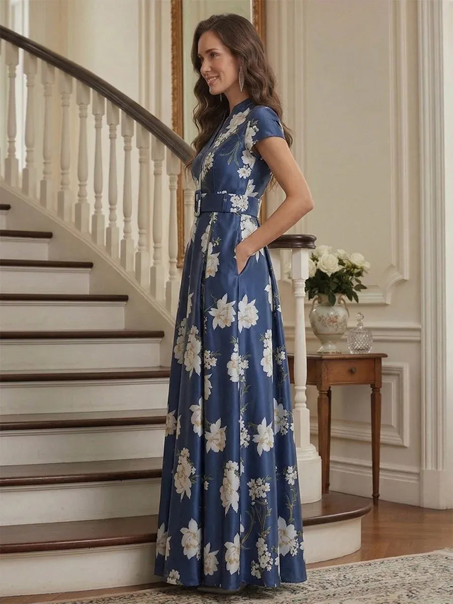 Elegant A-Line Mandarin Collar Short Sleeve Zipper Back Floor-Length Floral Mother of the Bride Dress