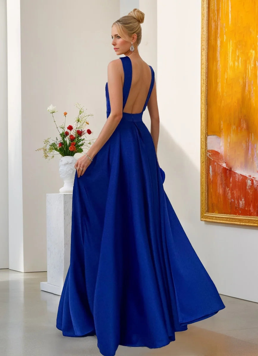 Elegant A Line Halter Neck Sleeveless Satin Floor Length Evening Dress