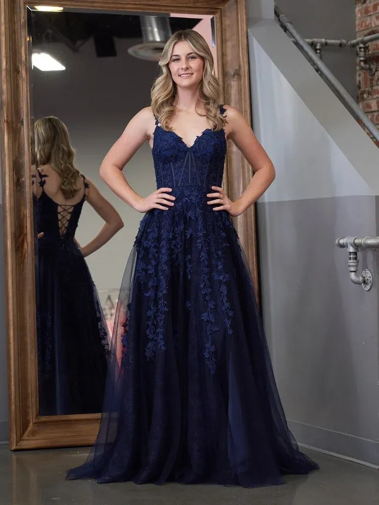 Loverlm Elegant Navy Blue Lace A-Line V-Neck Spaghetti-Strap Lace-Up Long Prom Dress
