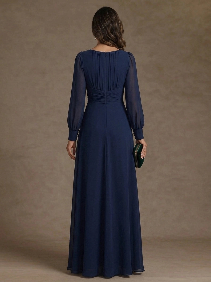 Elegant A-Line Jewel Neck Bishop Sleeve Zipper Back Floral Floor Length Mother of the Bride Dress