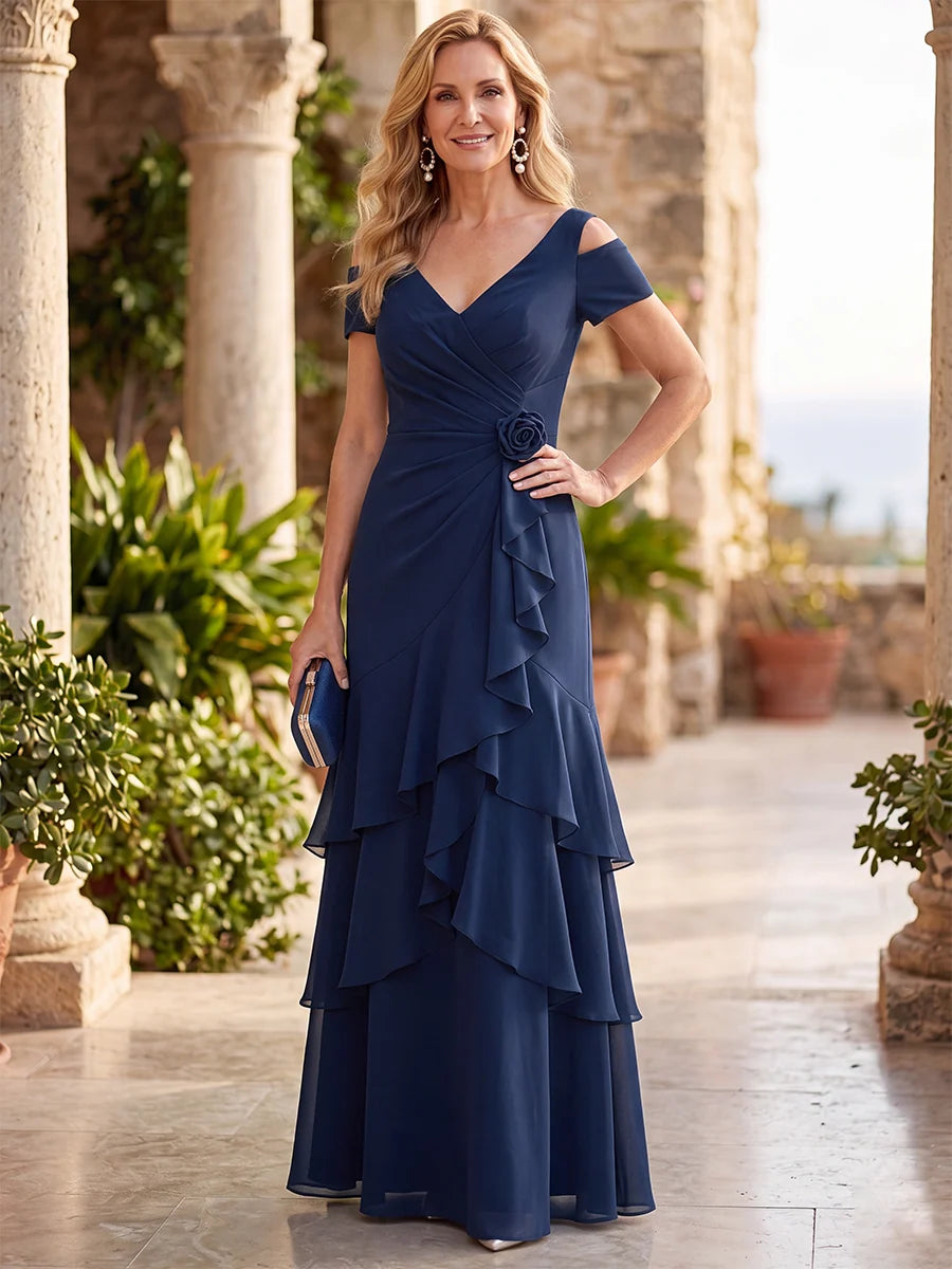 Elegant A-Line V-Neck Short Sleeve Chiffon Floor-Length Evening Dress