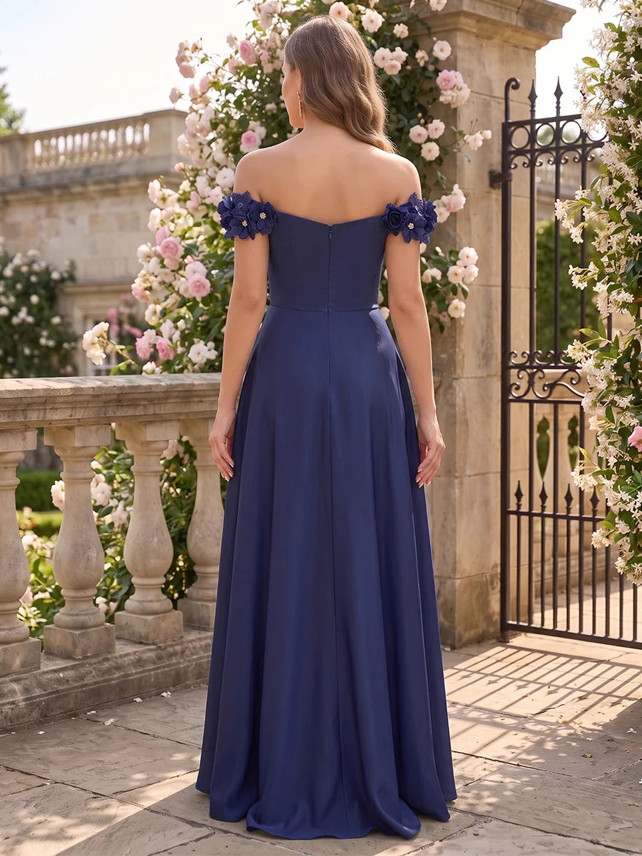 Romantic A-Line Sweetheart Off Shoulder Chiffon Floor Length Wedding Guest Dress