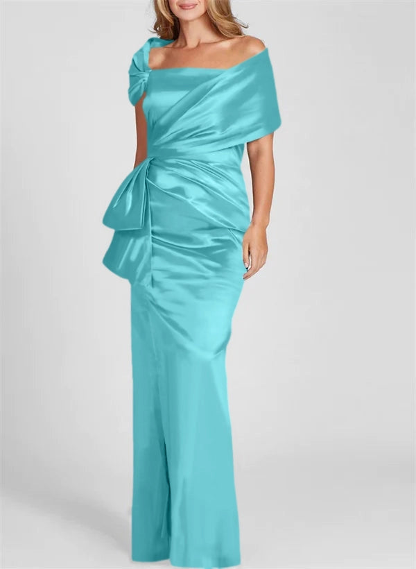 Elegant Mermaid Off Shoulder Short Sleeve Zipper Back Ruched Floor Length Mother of the Bride Dress