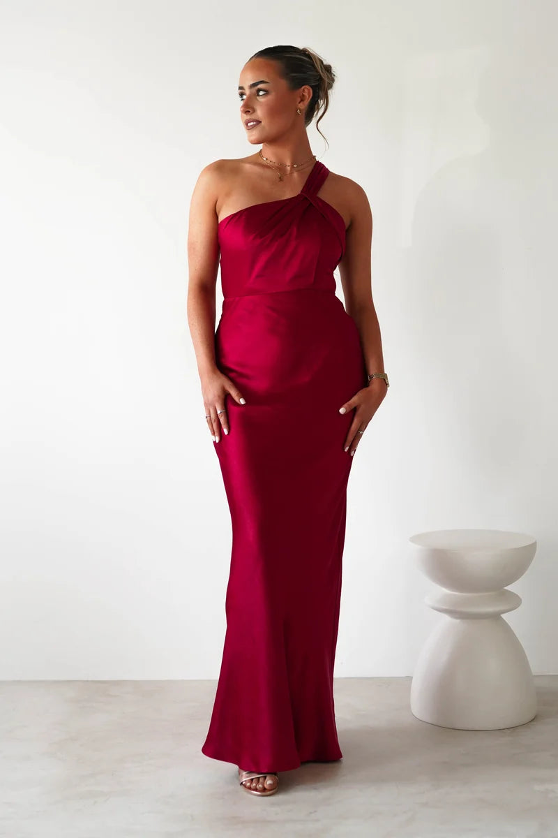 Elegant Column One Shoulder Sleeveless Cutout Back Maxi Wedding Guest Dress