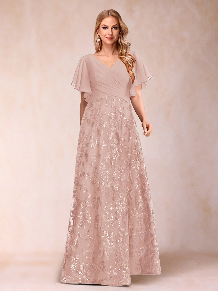 Elegant A-Line V-Neck Flutter-Sleeve Zipper-Back Floor-Length Mother of the Bride Dress