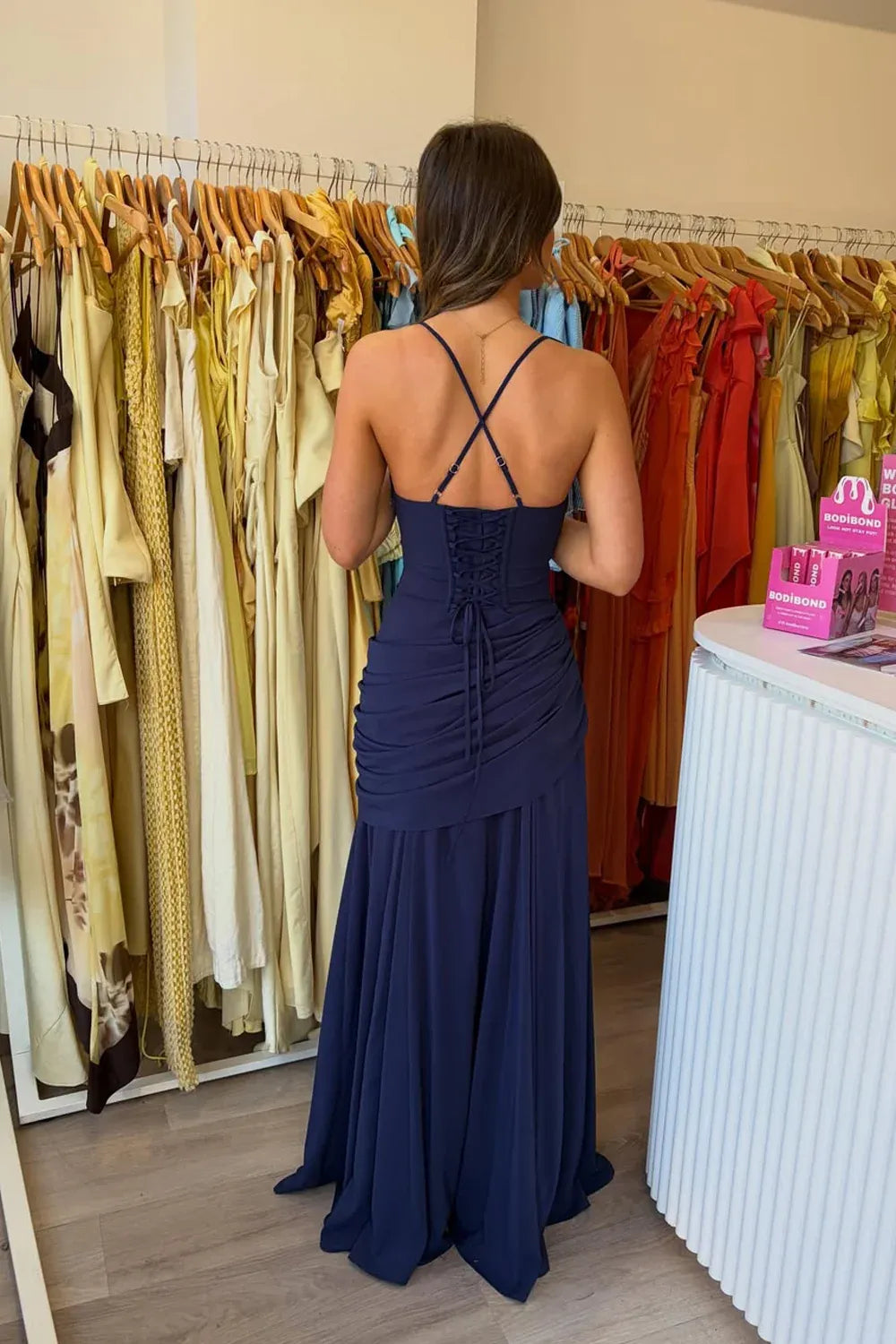 Elegant Column Square-Neck Spaghetti-Strap Lace-Up Floor-Length Prom Dress