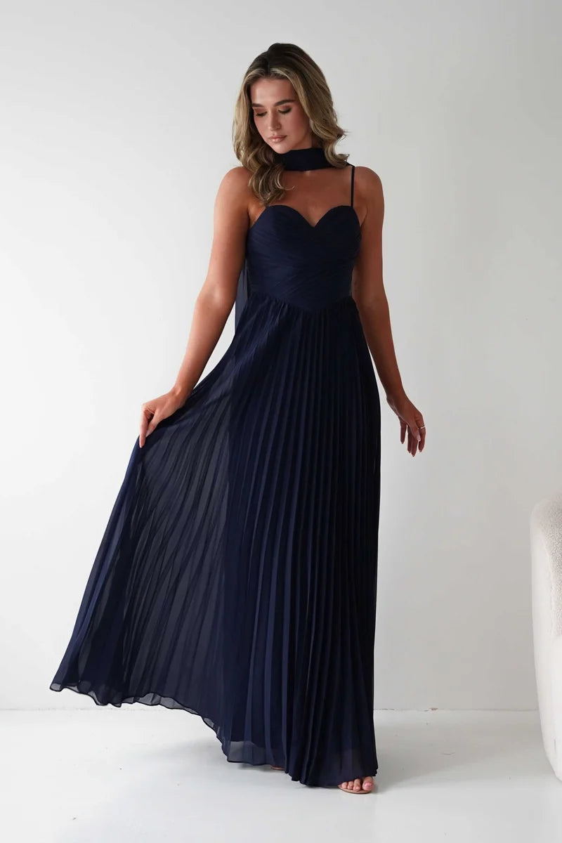 Elegant A-Line Sweetheart Spaghetti Strap Zip Back Pleated Maxi Prom Dress