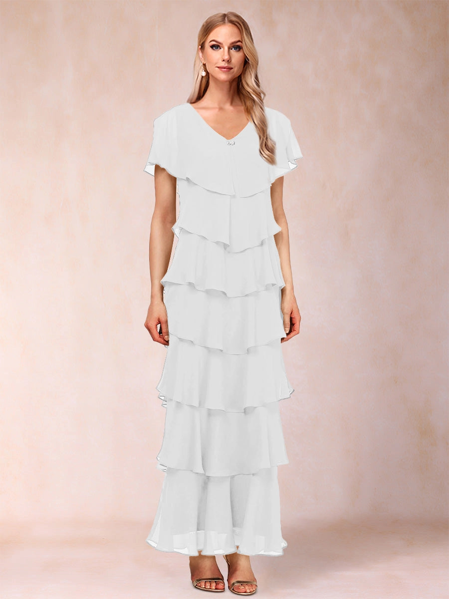 Elegant A-Line V-Neck Flutter Sleeve Closed Back Tiered Ankle-Length Mother of the Bride Dress