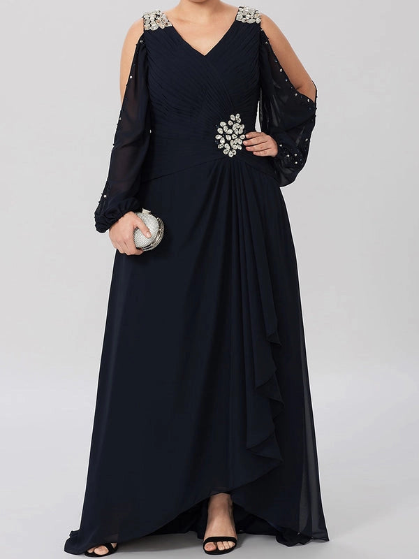 Elegant A-Line V-Neck Cold Shoulder Long Sleeve V-Back Floor Length Mother of the Bride Dress