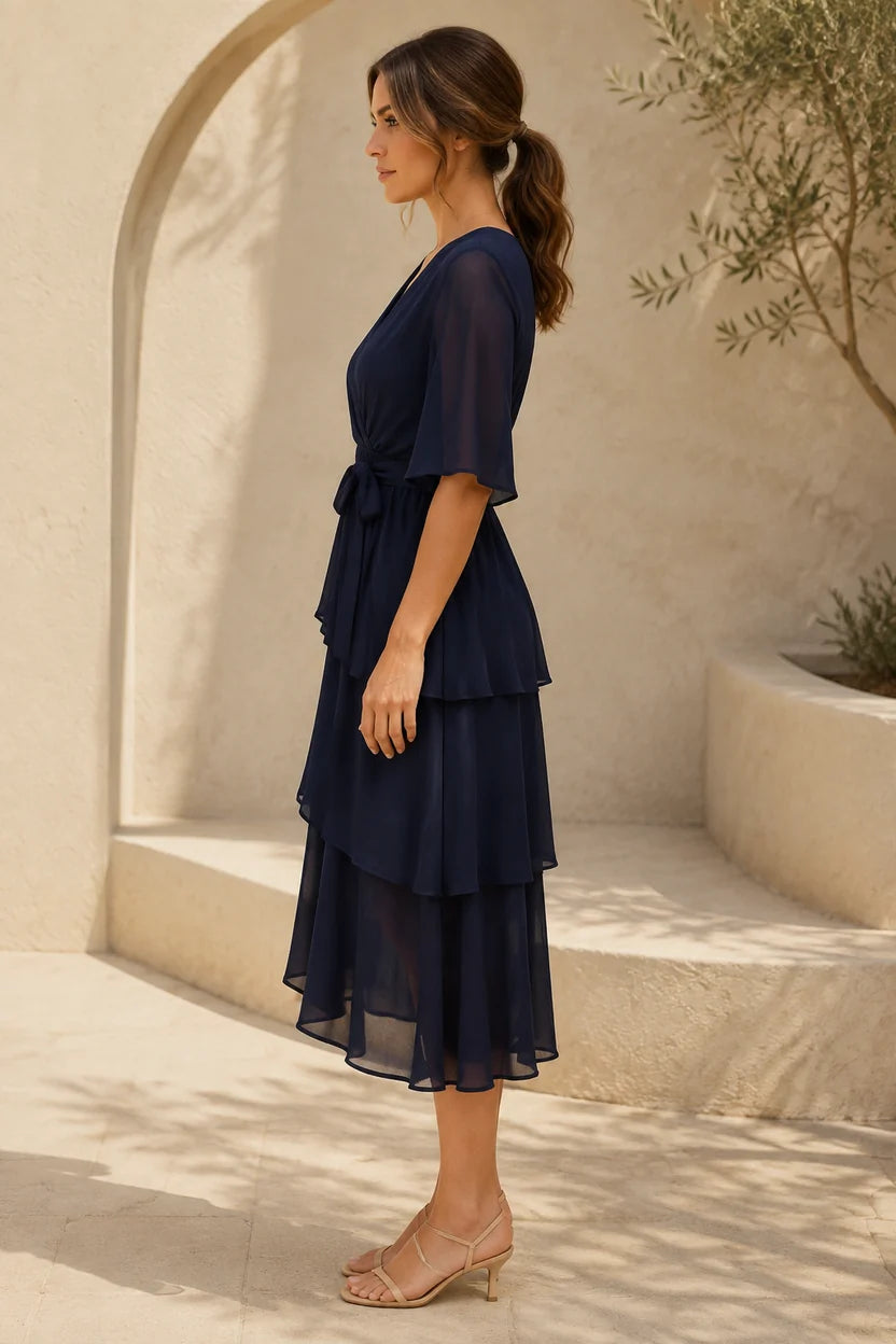 Elegant A-Line V-Neck Flutter Sleeve Chiffon Midi Mother of the Bride Dress