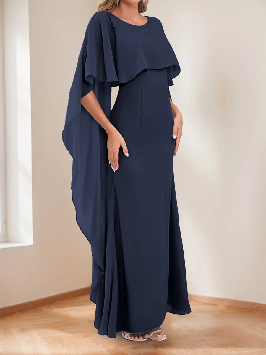 Elegant Trumpet Bateau-Neck Cape-Sleeve Knot-Back Floor-Length Mother of the Bride Dress
