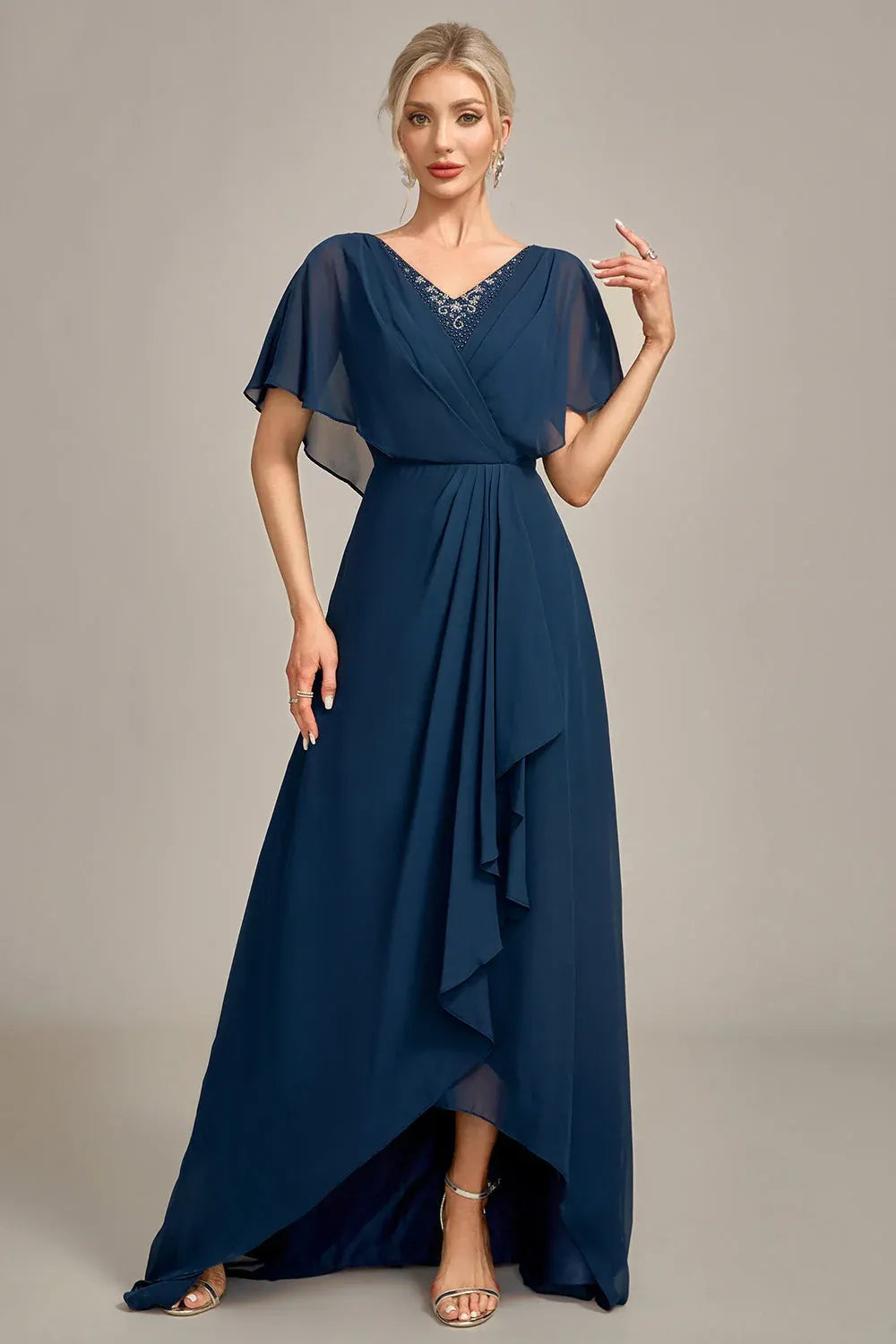 Elegant Chiffon A-Line V-Neck Cape-Sleeve V-Back High-Low Mother of the Bride Dress