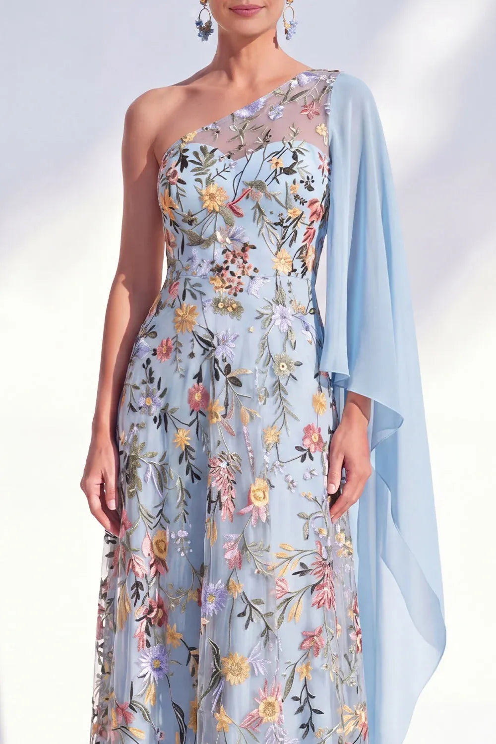 Elegant Tulle A-Line One-Shoulder Cape-Sleeve Asymmetric-Back Floor-Length Wedding Guest Dress