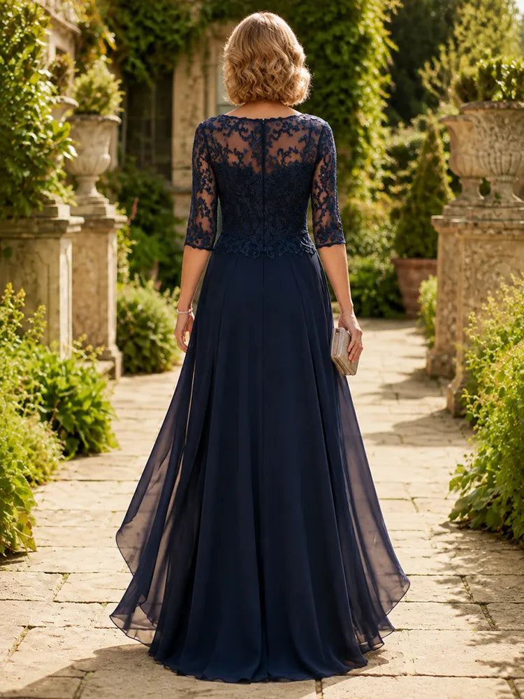 Elegant A-Line Illusion-Neck Lace-Sleeve Chiffon Floor-Length Mother of the Bride Dress