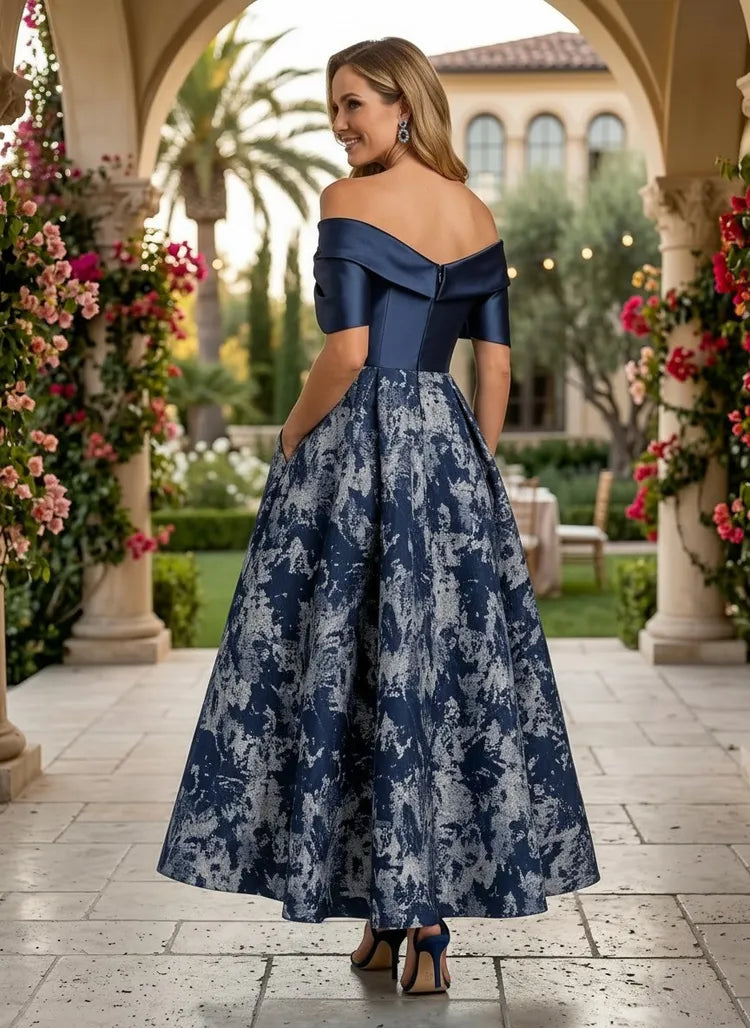Elegant A-Line Off-Shoulder Short-Sleeve Jacquard Tea-Length Mother of the Bride Dress