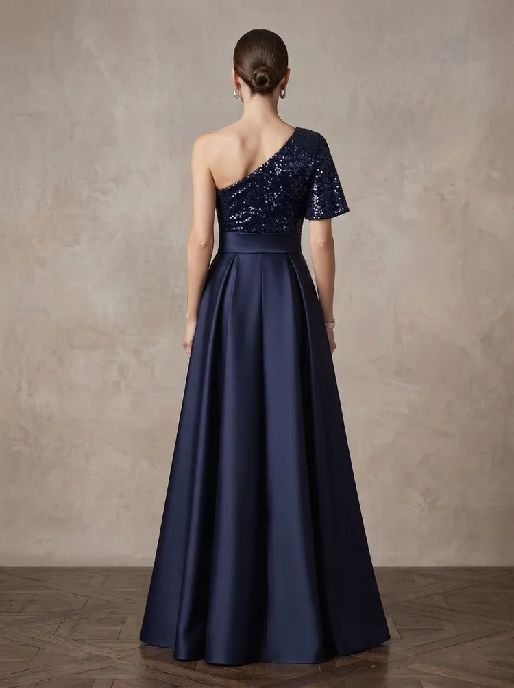Elegant A-Line One-Shoulder Short-Sleeve Sequined Satin Floor-Length Mother of the Bride Dress