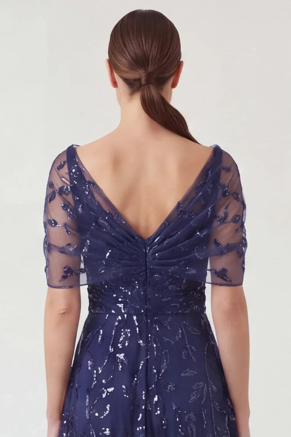 Sparkling Tulle A-Line Asymmetric Short-Sleeve V-Back Ankle-Length Mother of the Bride Dress