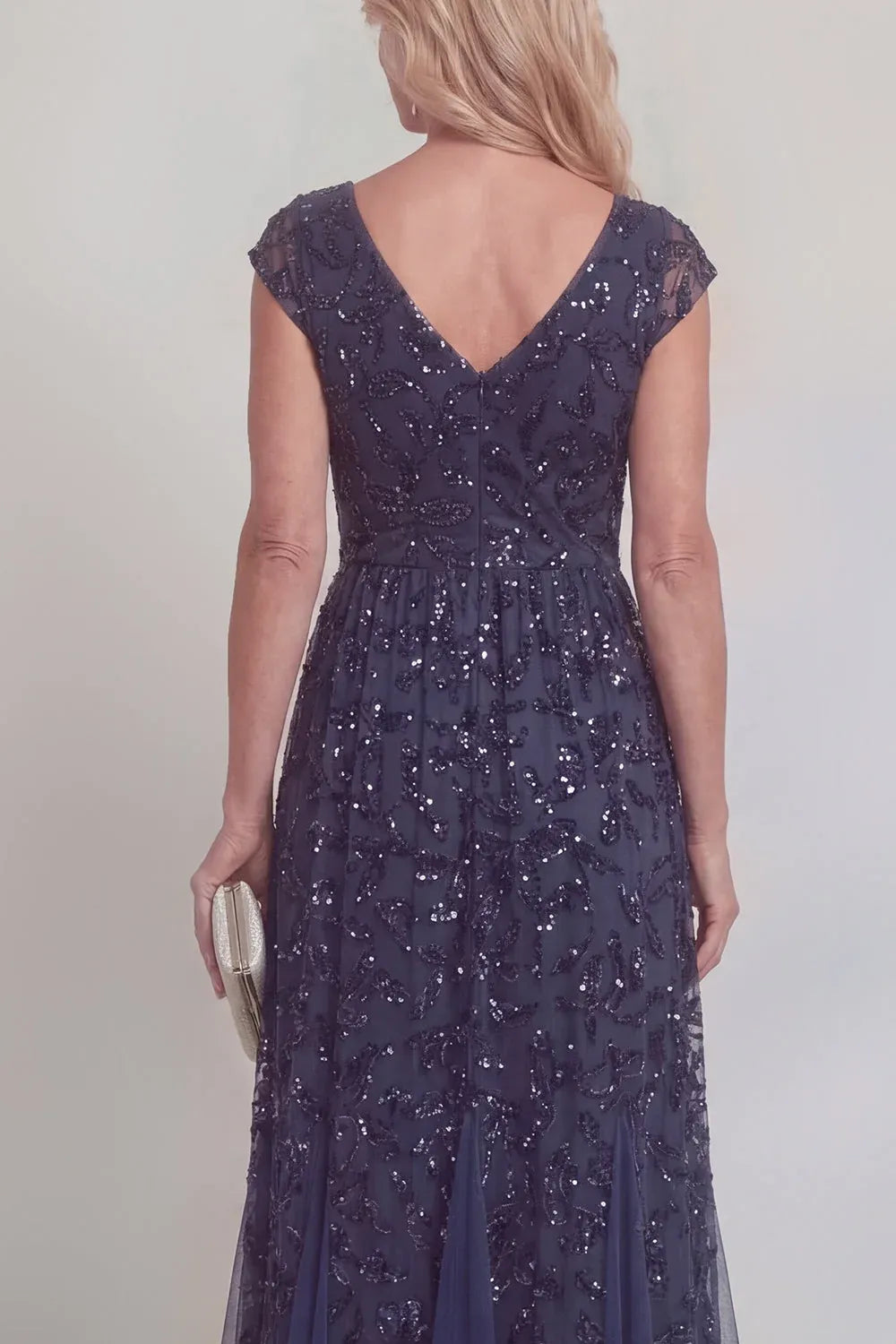 Sparkling Tulle A-Line V-Neck Cap-Sleeve V-Back Floor-Length Mother of the Bride Dress