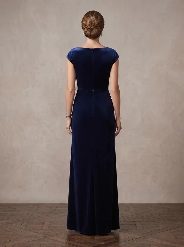 Elegant Sheath Bateau-Neck Cap-Sleeve Velvet Floor-Length Mother of the Bride Dress