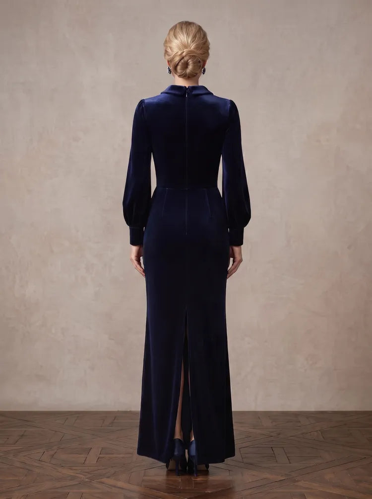 Elegant Sheath Peter-Pan-Collar Long-Sleeve Velvet Floor-Length Mother of the Bride Dress