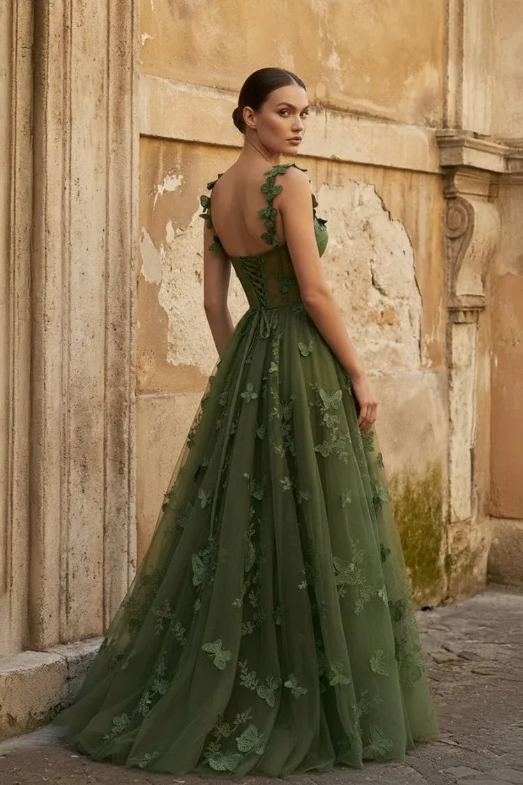Loverlm Elegant Olive-Green Tulle A-Line Sweetheart Floral Strap Lace-Up Long Prom Dress