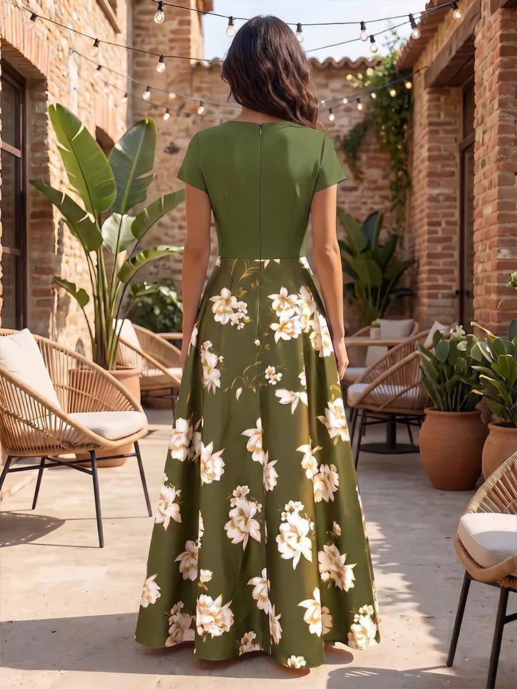 Elegant A-Line V-Neck Short-Sleeve Floral Floor-Length Mother of the Bride Dress