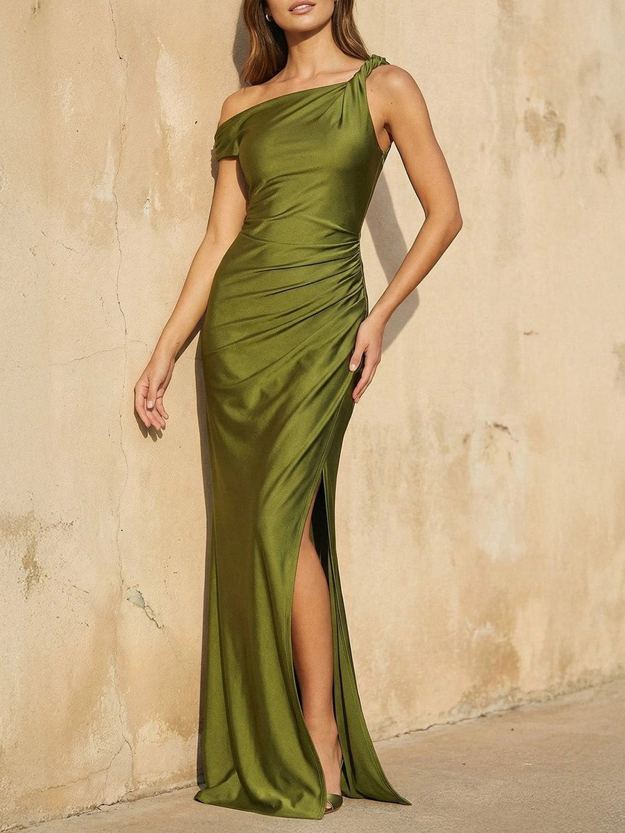 Elegant Satin Sheath One-Shoulder Sleeveless Fitted-Back Slit Floor-Length Evening Dress