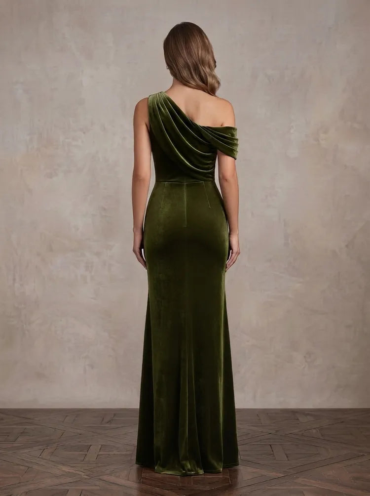 Elegant Sheath One-Shoulder Sleeveless Velvet Floor-Length Mother of the Bride Dress
