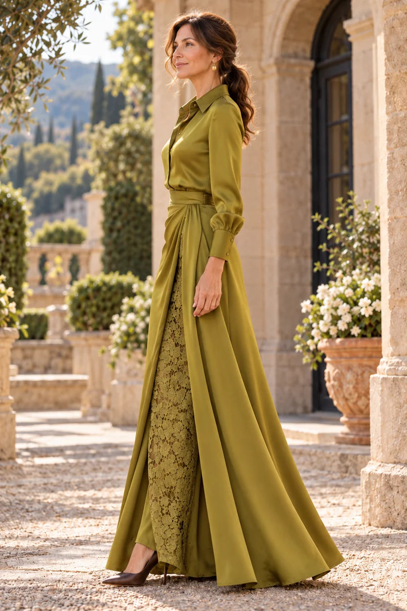 Elegant A-Line Collared V-Neck Long Sleeve Satin Floor-Length Mother of the Bride Dress