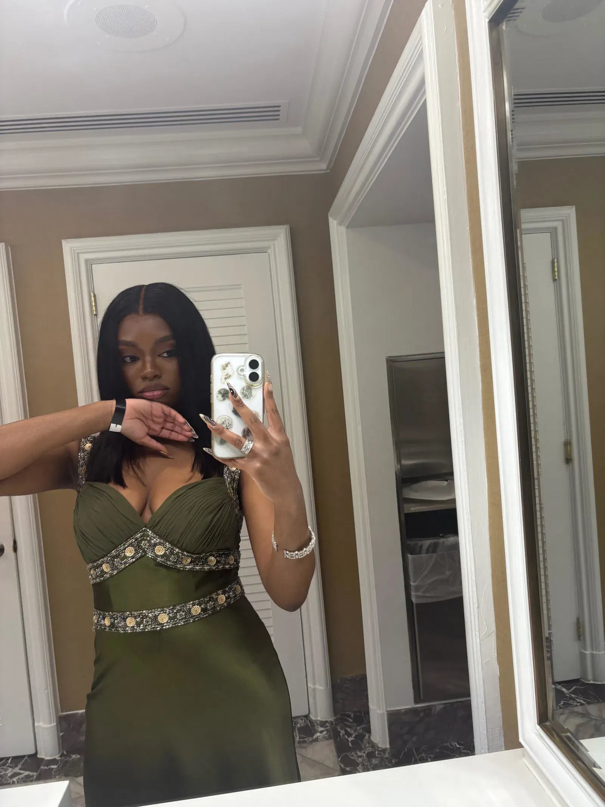 Elegant Olive-Green Satin Sheath Sweetheart Beaded-Strap Embellished Back Long Prom Dress