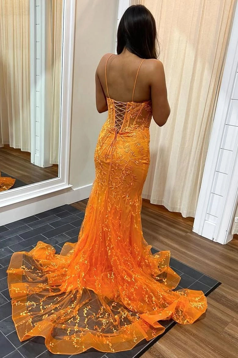 Loverlm Glamorous Orange Lace Tulle Mermaid Sweetheart Spaghetti-Strap Lace-Up-Back Floor-Length Prom Dress